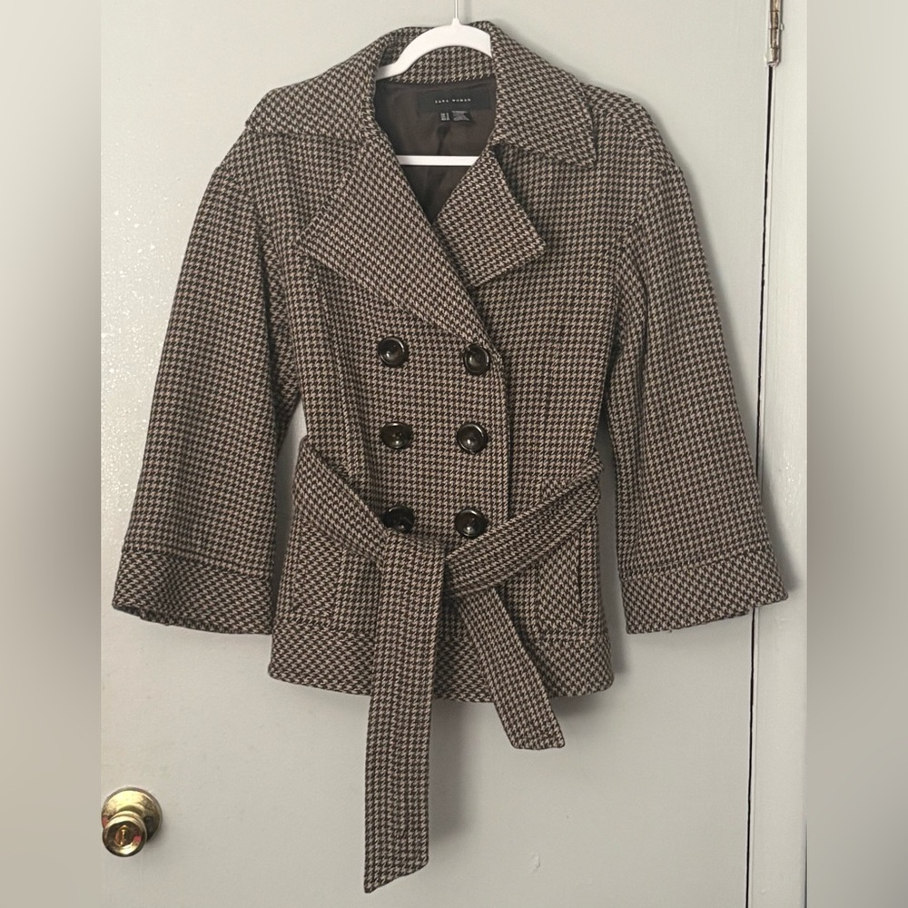 ZARA WOMAN Double Breasted Peacoat Houndstooth Coat S Made In Spain